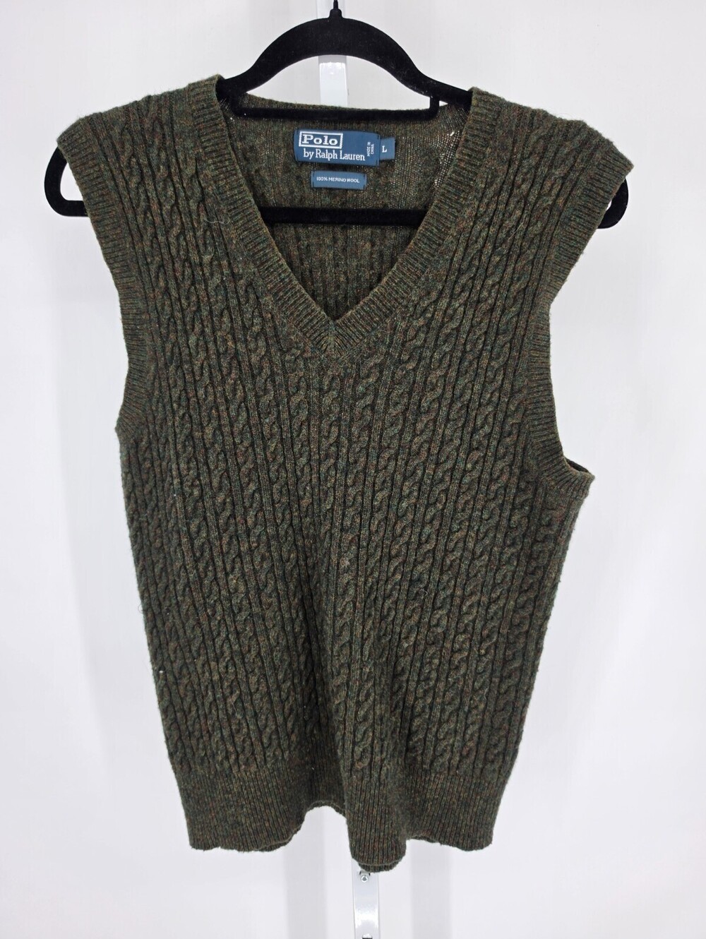 POLO Ralph LAuren Mens Sz L 100% Merino Wool Sweater Vest Olive Green Cable Knit